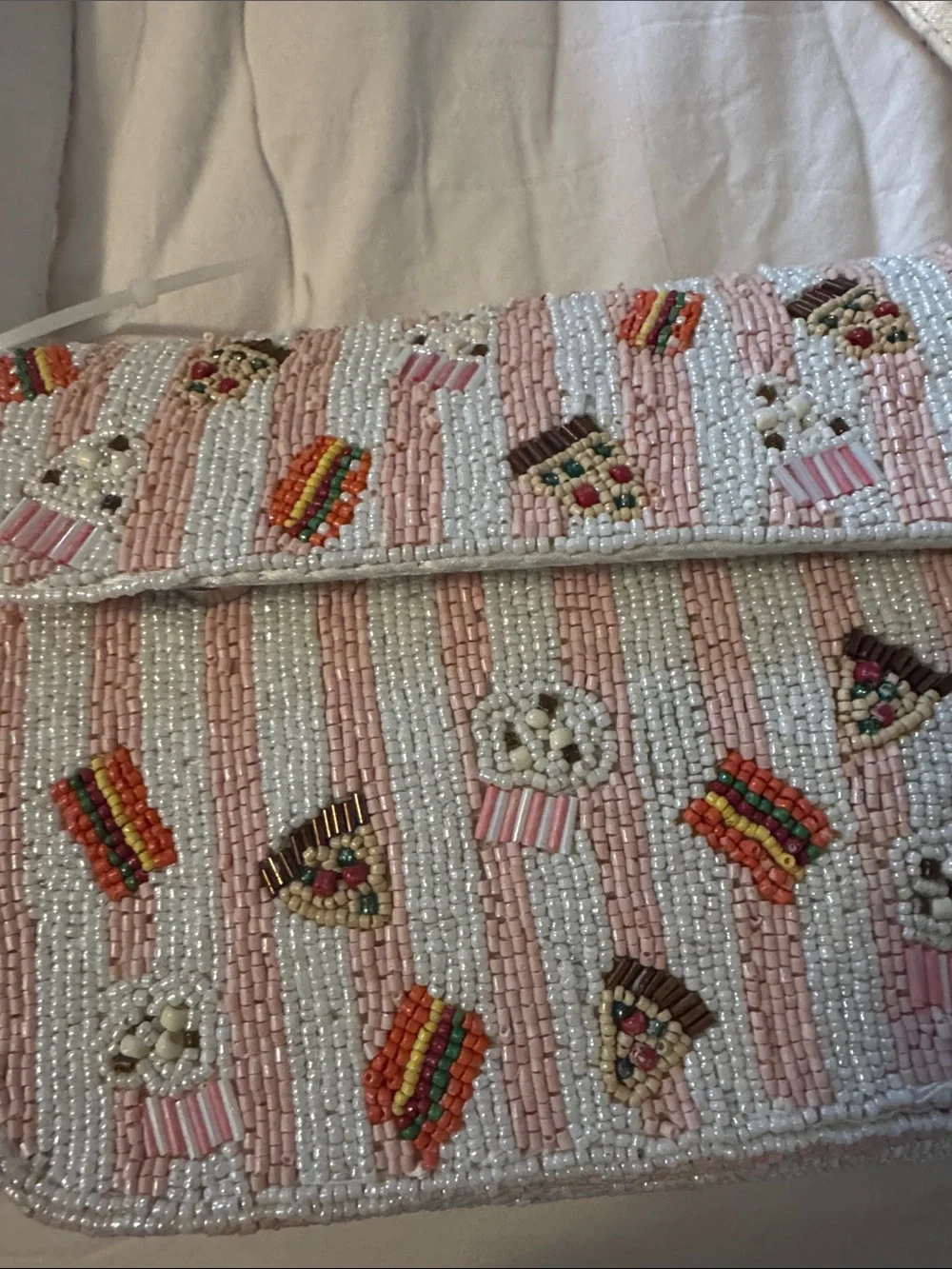 Made in India Pink Beaded Novelty Food Shoulder Bag with Beaded Bag Charm